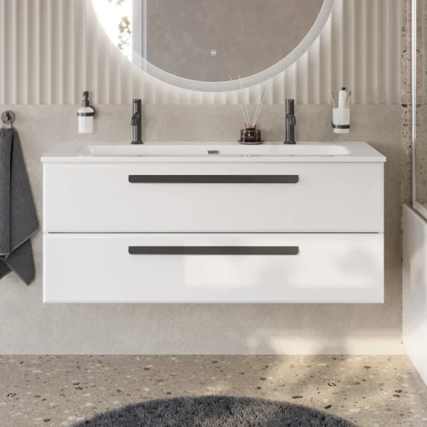 Тумба с раковиной Cezares Eco Cer-N 120 bianco lucido, раковина Eco 120-1-2, ручки черные матовые