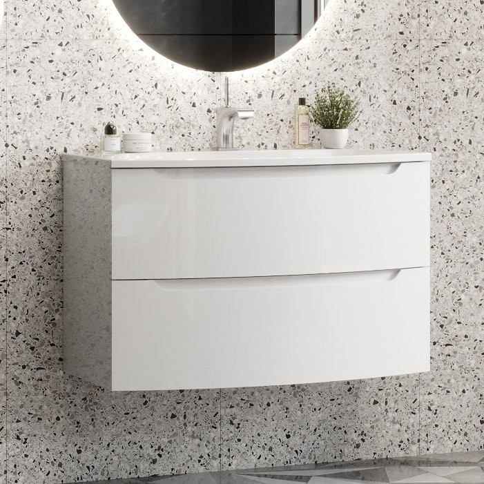 Тумба с раковиной Belux Ганновер 80 подвесная, белая глянцевая, 2 ящика