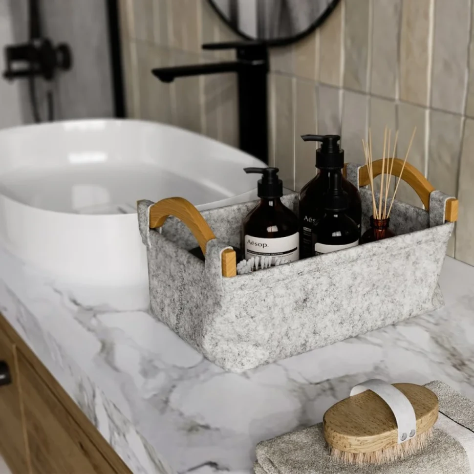 Корзина для белья Wasserkraft Aula WB-110-L серая, прямоугольная, текстиль, дерево