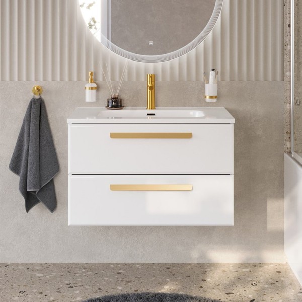 Тумба с раковиной Cezares Eco Cer-N 80 bianco lucido, раковина Duet 80, ручки сатиновое золото