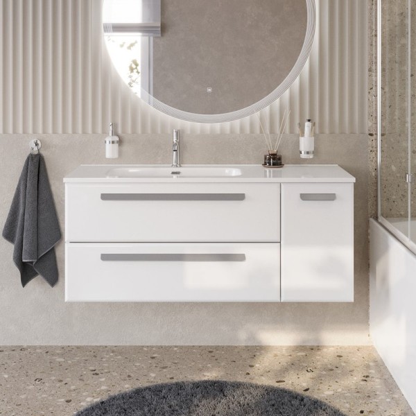 Тумба с раковиной Cezares Eco Cer-N 120 L 2 ящика, 1 дверца, bianco lucido, раковина Duet 120 L, ручки серые