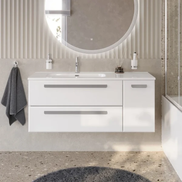 Тумба с раковиной Cezares Eco Cer-N 120 L 2 ящика, 1 дверца, bianco lucido, раковина Duet 120 L, ручки серые