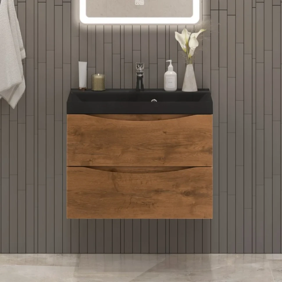 Тумба с раковиной BelBagno Marino 70 подвесная, rovere nature, черная раковина