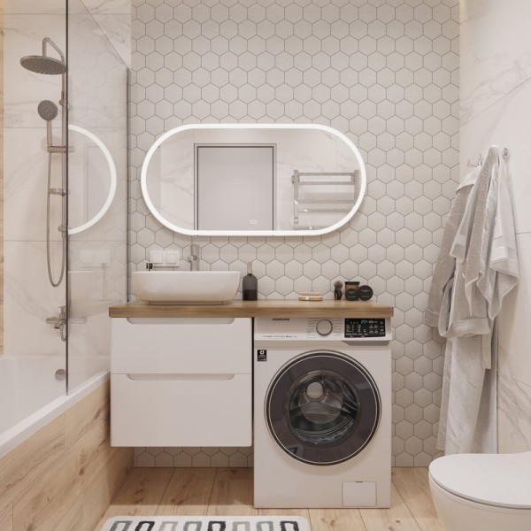 Мебель для ванной комнаты STWORKI Берген 60 белая со светлой столешницей 122, раковина Moduo 50 Square, R