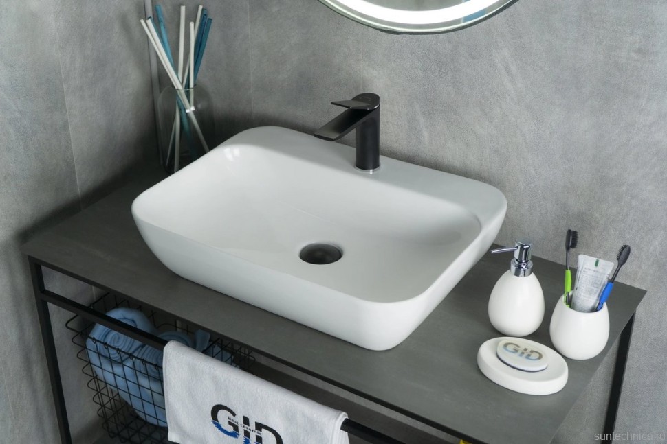 Накладная раковина GID Geometrico N9047 55 глянцевая белая, прямоугольная, фаянс, с 1 отверстием под смеситель
