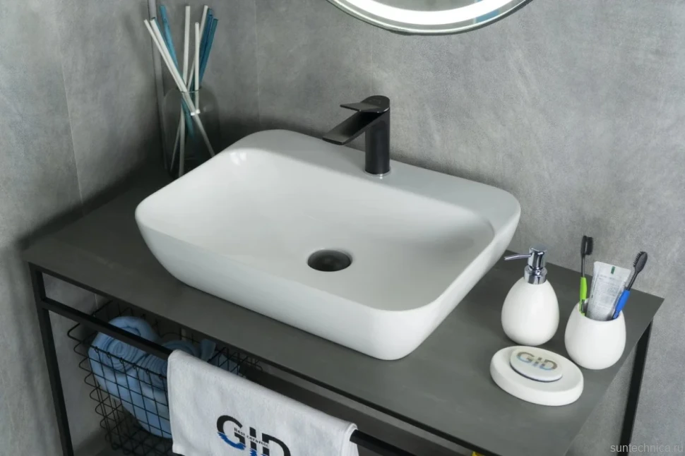 Накладная раковина GID Geometrico N9047 55 глянцевая белая, прямоугольная, фаянс, с 1 отверстием под смеситель