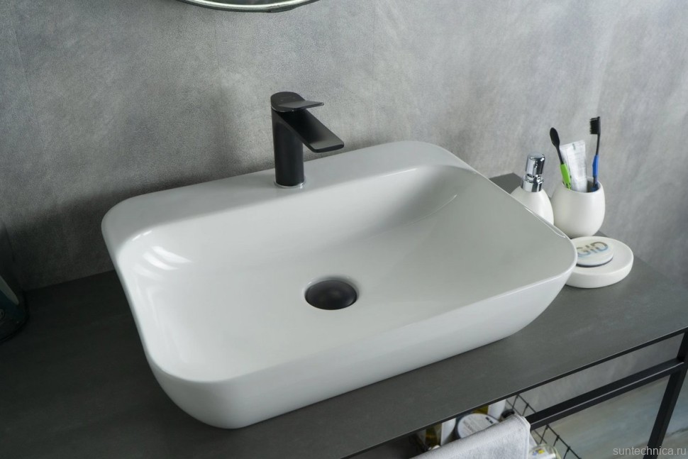 Накладная раковина GID Geometrico N9047 55 глянцевая белая, прямоугольная, фаянс, с 1 отверстием под смеситель