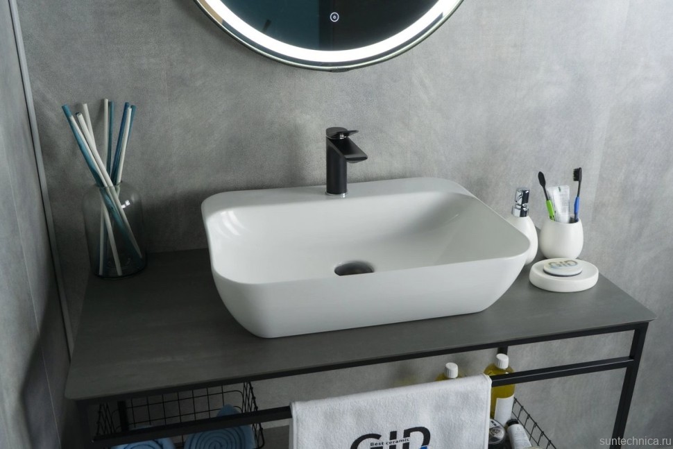 Накладная раковина GID Geometrico N9047 55 глянцевая белая, прямоугольная, фаянс, с 1 отверстием под смеситель