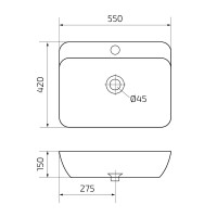 Накладная раковина GID Geometrico N9047 55 глянцевая белая, прямоугольная, фаянс, с 1 отверстием под смеситель