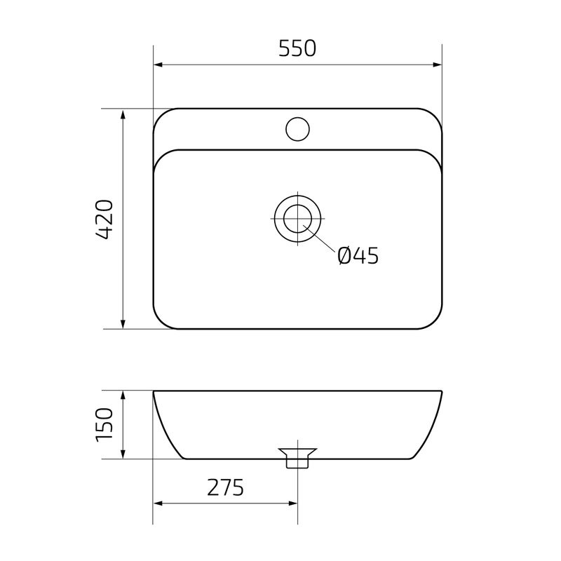 Накладная раковина GID Geometrico N9047 55 глянцевая белая, прямоугольная, фаянс, с 1 отверстием под смеситель