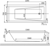 Акриловая ванна WHITECROSS Wave 150x70 см, пристенная, белый глянец, с каркасом