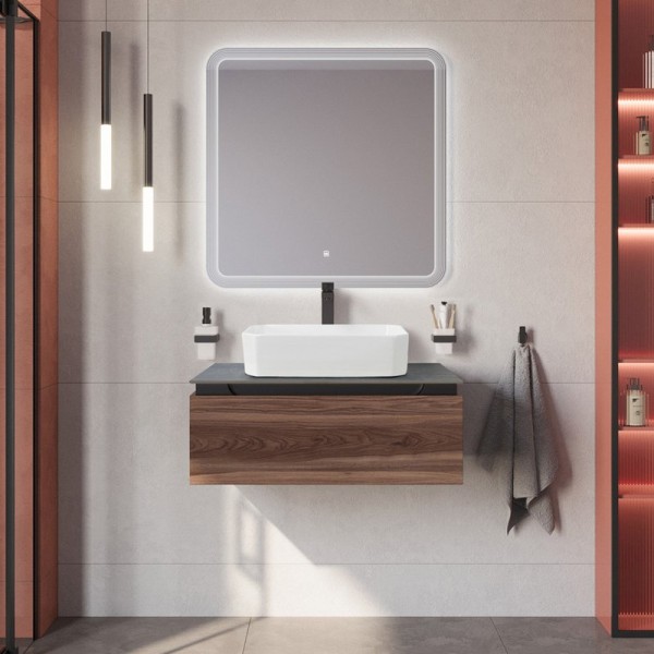 Мебель для ванной комнаты Cezares Slider 80 подвесная, 1 ящик, дымчатый орех, со столешницей marmo nero opaco