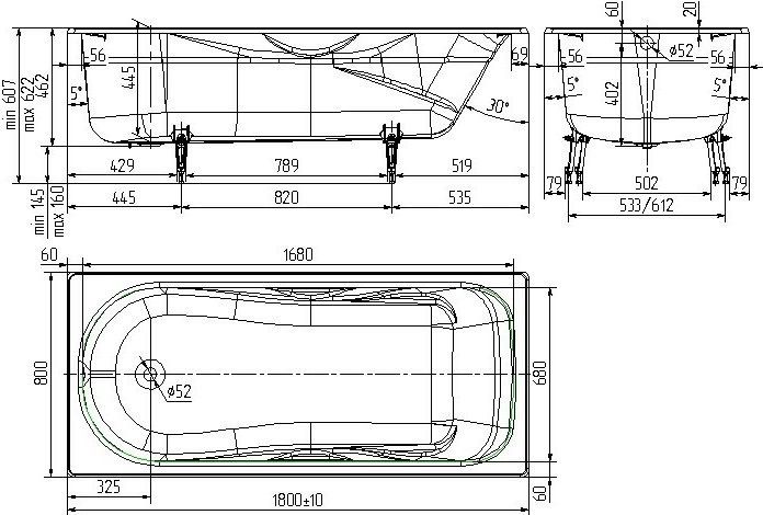 Чугунная ванна Универсал Сибирячка 180x80 см, пристенная, на ножках, с ручками