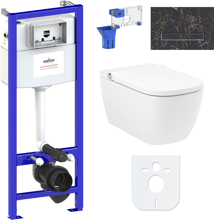 Комплект Lavinia Boho Унитаз подвесной Smart V-Clean 3359101R безободковый, с микролифтом + Инсталляция RelFix 38010010 + Кнопка RelFix 38050901 greek black + Дозатор RelFix 38040010