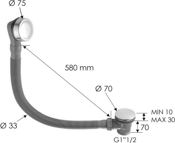 Слив-перелив для ванны Remer 96CC 32 мм, клик-клак, хром, без гидрозатвора
