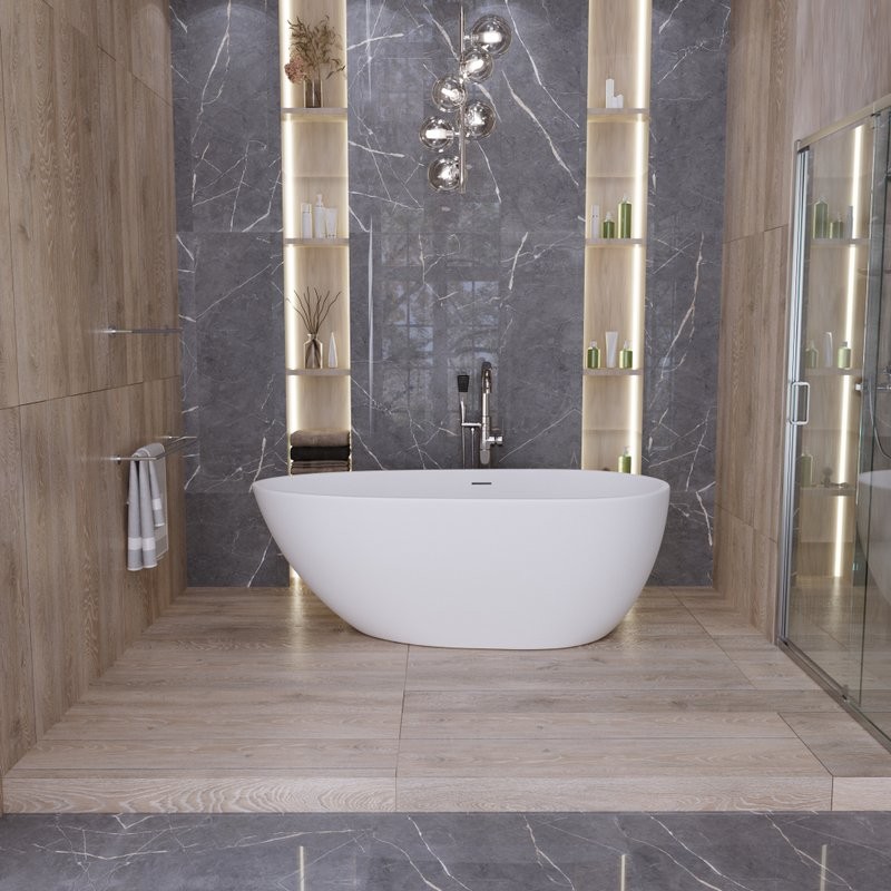 Акриловая ванна Grossman Fly GR-1103M 160x80 см, отдельностоящая, белая матовая, овальная, с каркасом, со сливом-переливом