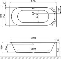 Акриловая ванна Excellent Oceana Slim Nano 170x75 см, встраиваемая, с гидромассажем, белая, с каркасом, со сливом-переливом, фурнитура золото