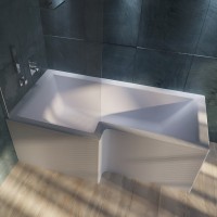 Акриловая ванна 1MarKa Linea L Премиум 165x85 см, угловая, левая, пристенная, белая, асимметричная, с каркасом, с экраном, со сливом-переливом