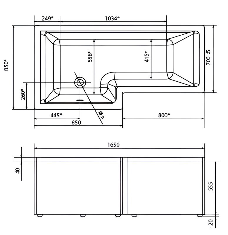Акриловая ванна 1MarKa Linea L Премиум 165x85 см, угловая, левая, пристенная, белая, асимметричная, с каркасом, с экраном, со сливом-переливом