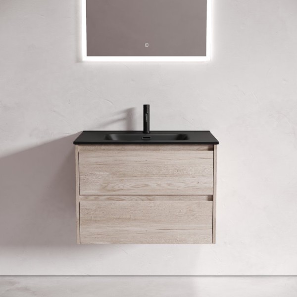 Тумба с раковиной Sancos Libra 70 дуб галифакс натуральный, черная раковина CN7007MB