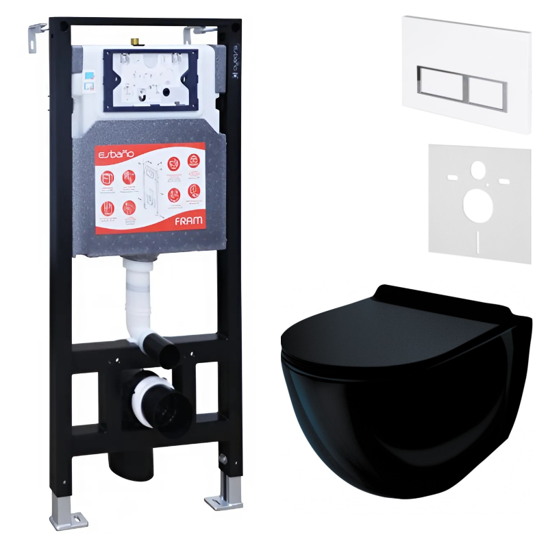 Комплект Унитаз подвесной Esbano Garcia ESUPGARCB черный глянец + Инсталляция Fram + Кнопка ESINPRK12GW