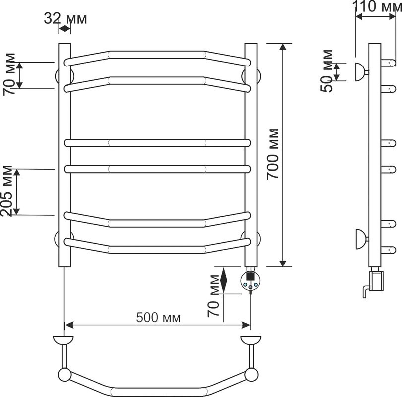 Полотенцесушитель электрический Secado Агата 4 75x55 см, подключение справа, бронза, лесенка, латунь