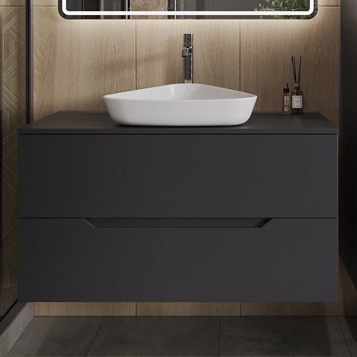 Тумба с раковиной Orange Line 100 подвесная, 2 ящика, матовый графит с раковиной B07-500W