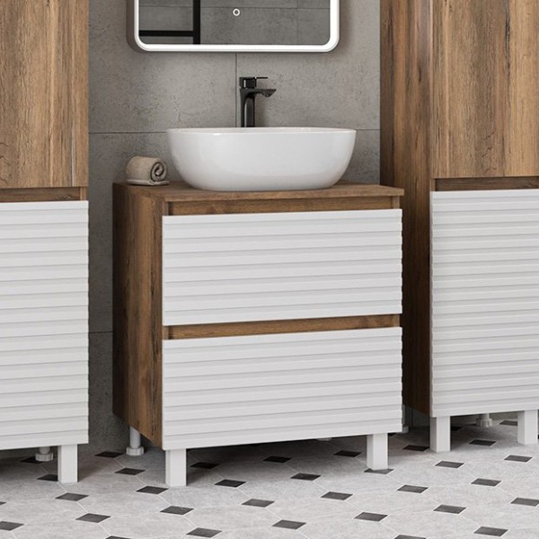 Тумба с раковиной Brevita Dakota 60 напольная, дуб галифакс олово, белый