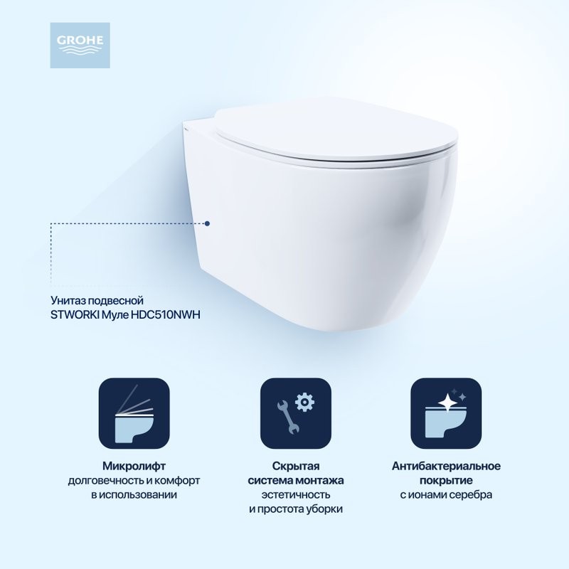 Комплект Унитаз подвесной STWORKI Муле HDC510NWH с микролифтом, безободковый + Инсталляция Grohe Rapid SL 38772001 3 в 1 с кнопкой смыва