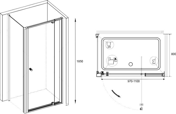Душевой уголок RGW Passage PA-02+80 см (97-110)x80x185 профиль хром, стекло прозрачное