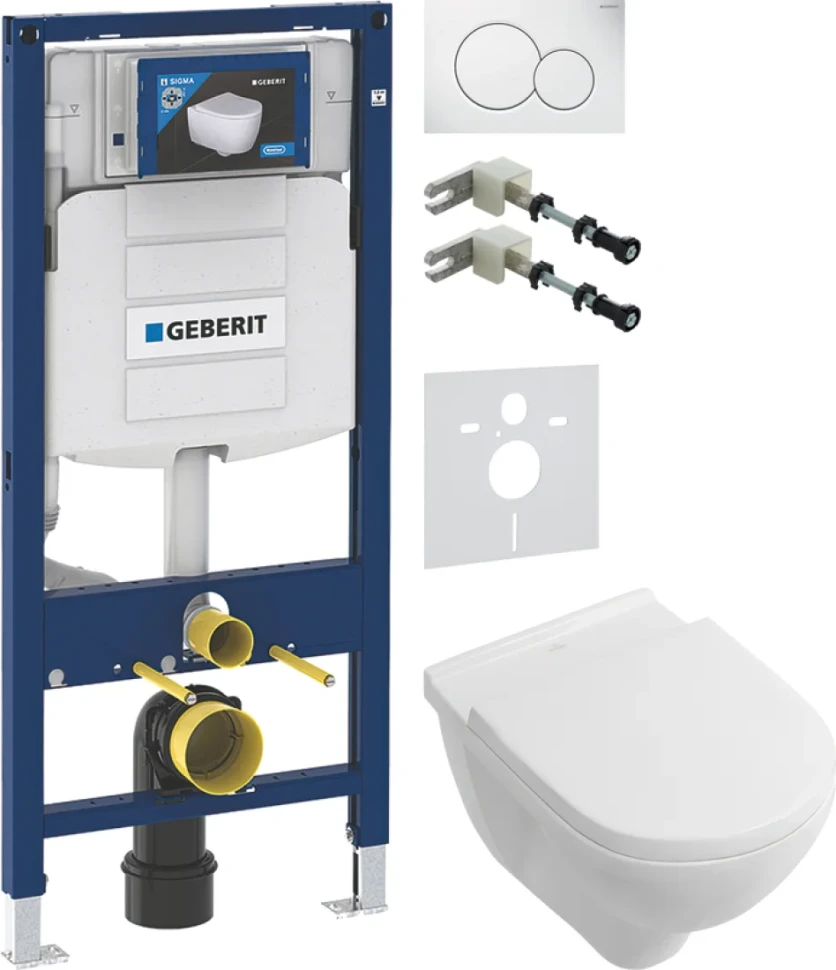 Комплект Унитаз подвесной Villeroy & Boch O.Novo 5660HR01 alpin, безободковый + Крепления Geberit Duofix 111.815.00.1 к стене + Звукоизоляция + Инсталляция UP 320 111.300.00.5 + Кнопка Sigma 01 115.770.11.5 белая