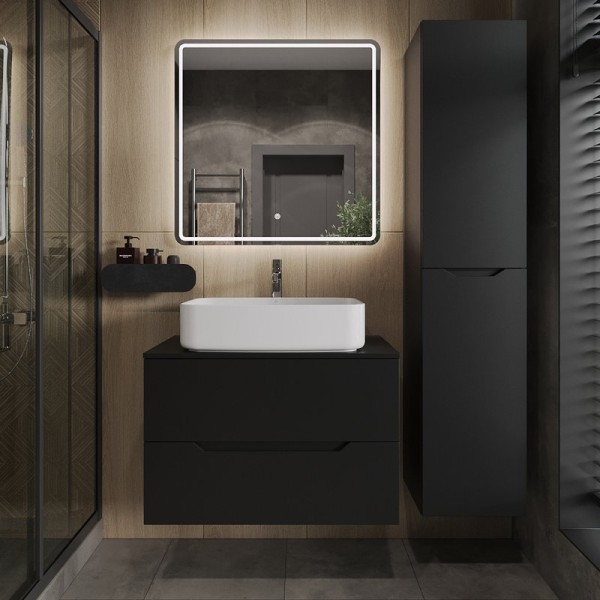 Мебель для ванной комнаты Orange Line 80 подвесная, 2 ящика, матовая черная с раковиной B07-600W