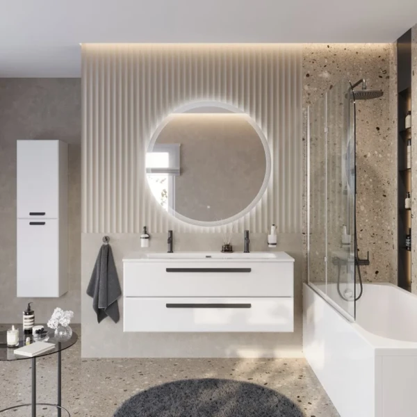Мебель для ванной комнаты Cezares Eco Cer-N 120 bianco lucido, раковина Eco 120-1-2, ручки черные матовые