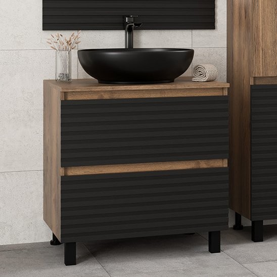 Тумба под раковину Brevita Dakota 70 напольная, дуб галифакс олово, черный кварц