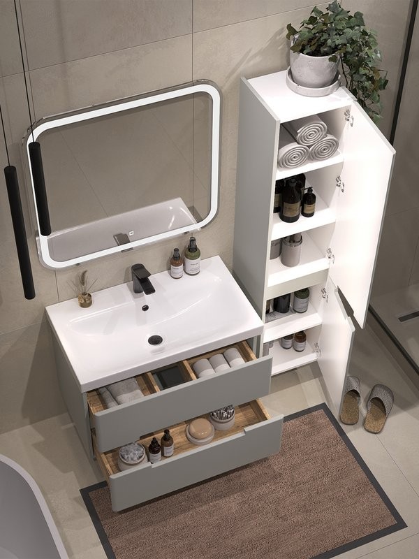 Мебель для ванной комнаты SanStar Ориана 80 подвесная, серая, раковина Cersanit Moduo 80