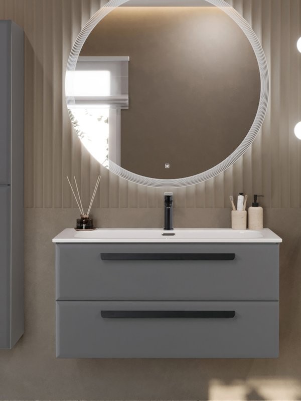 Тумба с раковиной Cezares Eco-Cer-N 100 темно-серая матовая, раковина CZR-8073-100, ручки матовые черные