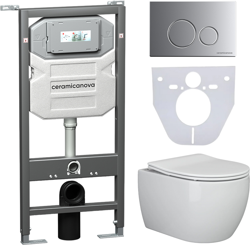Комплект Унитаз подвесной Ceramicanova Play CN3001 безободковый, с микролифтом + Инсталляция Envision CN1001M + Кнопка Round, матовый хром