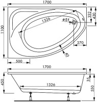 Акриловая ванна Vagnerplast Hapi L 170x110 см, угловая, левая, пристенная, белая, асимметричная, с каркасом