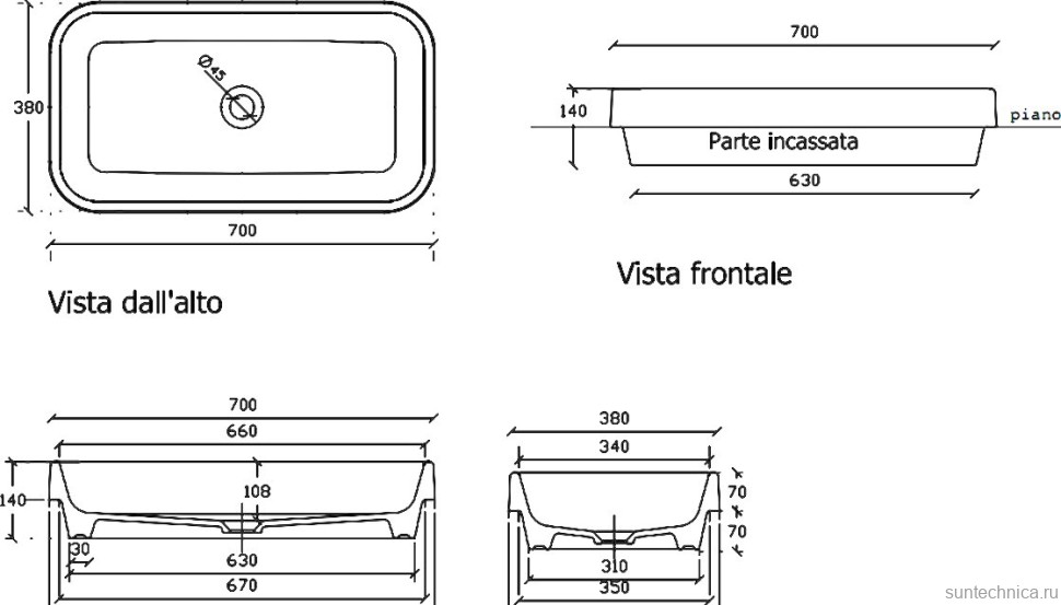 Раковина встраиваемая сверху Galassia Meg11 5453 70 белая, прямоугольная, фаянс