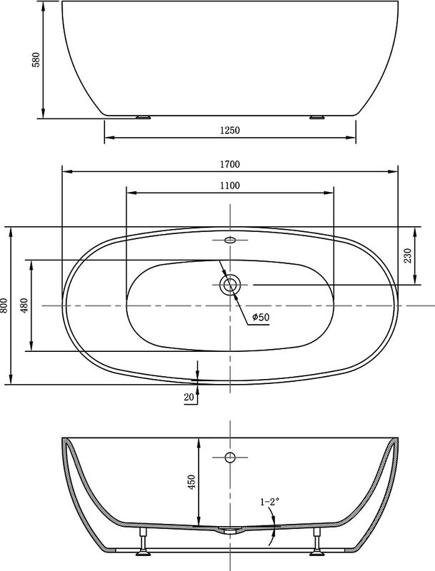 Акриловая ванна Vincea VBT-405-1700 170x80 см, отдельностоящая, белая, овальная, на ножках, со сливом-переливом
