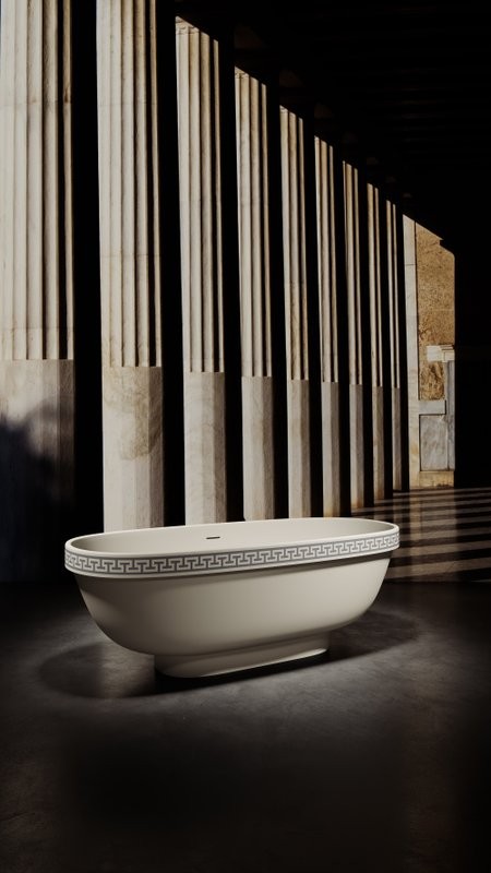 Ванна из искусственного камня Salini Greca Meander S-Stone 180x80 см, отдельностоящая, матовая белая, овальная, со сливом-переливом, с донным клапаном