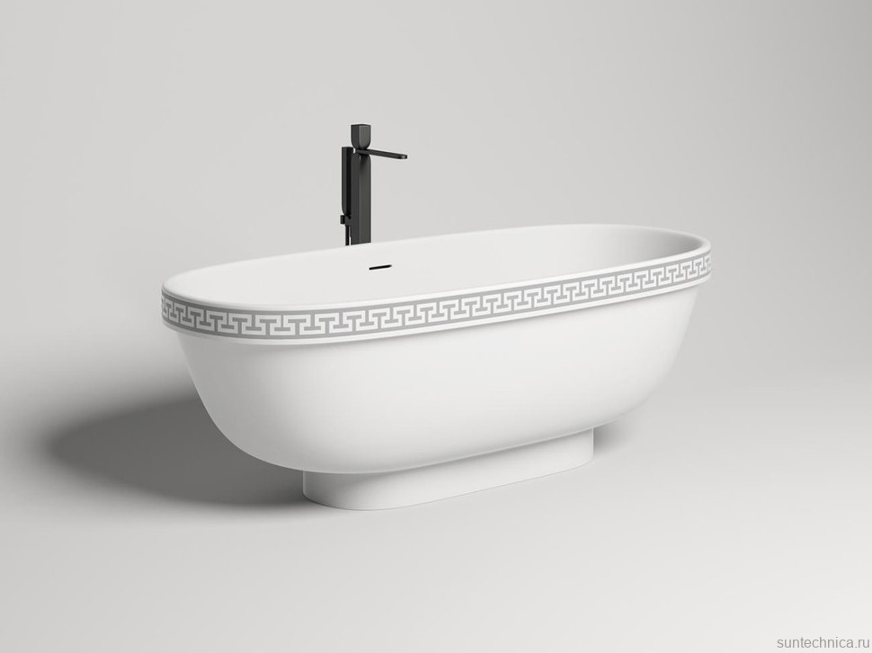 Ванна из искусственного камня Salini Greca Meander S-Stone 180x80 см, отдельностоящая, матовая белая, овальная, со сливом-переливом, с донным клапаном
