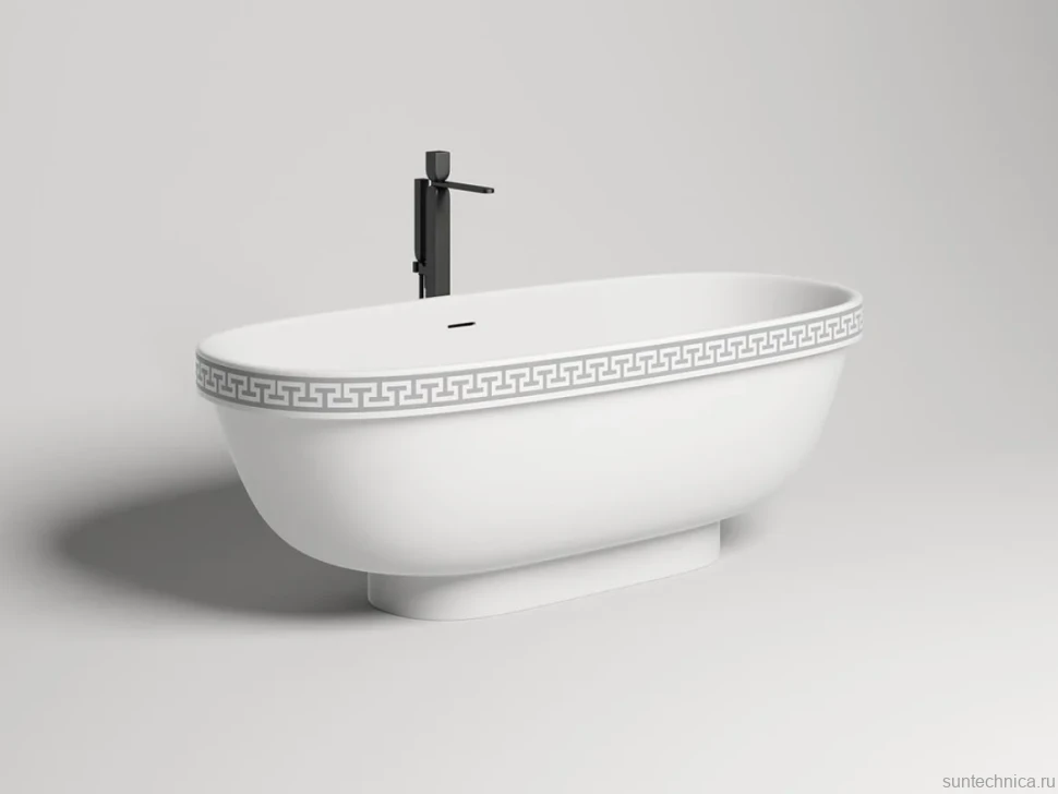 Ванна из искусственного камня Salini Greca Meander S-Stone 180x80 см, отдельностоящая, матовая белая, овальная, со сливом-переливом, с донным клапаном