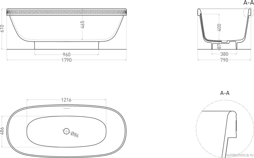 Ванна из искусственного камня Salini Greca Meander S-Stone 180x80 см, отдельностоящая, матовая белая, овальная, со сливом-переливом, с донным клапаном