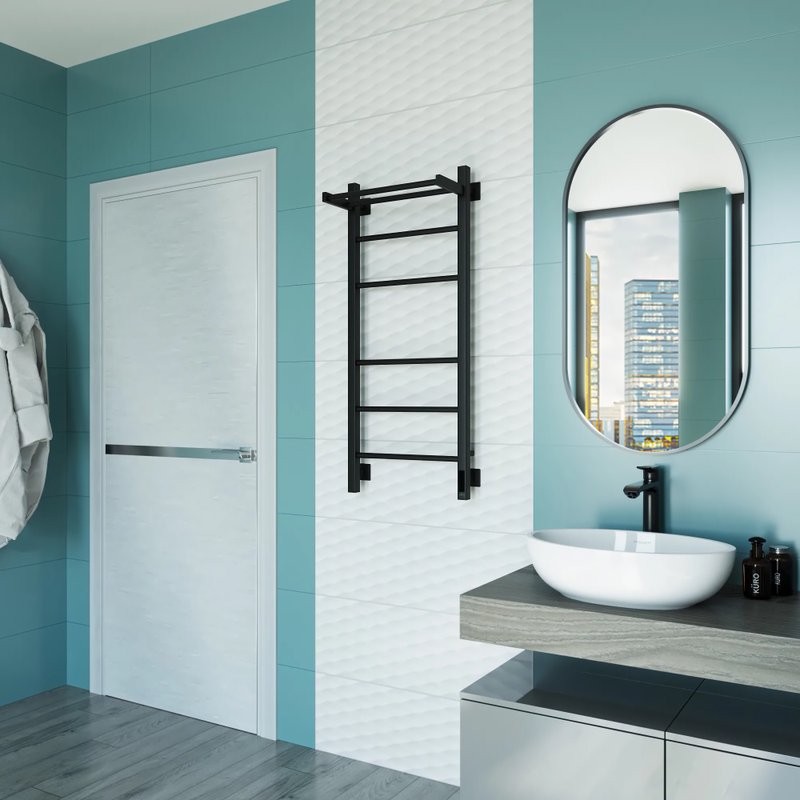 Полотенцесушитель электрический Grota Alto 430х1000 RAL9005 EL 100x45 см, подключение справа, слева, скрытое подключение справа, матовый черный, лесенка, из стали, с полкой