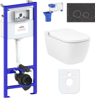 Комплект Lavinia Boho Унитаз подвесной Smart V-Clean 3359101R безободковый, с микролифтом + Инсталляция RelFix 38010010 + Кнопка RelFix 38050902 greek black + Дозатор RelFix 38040010