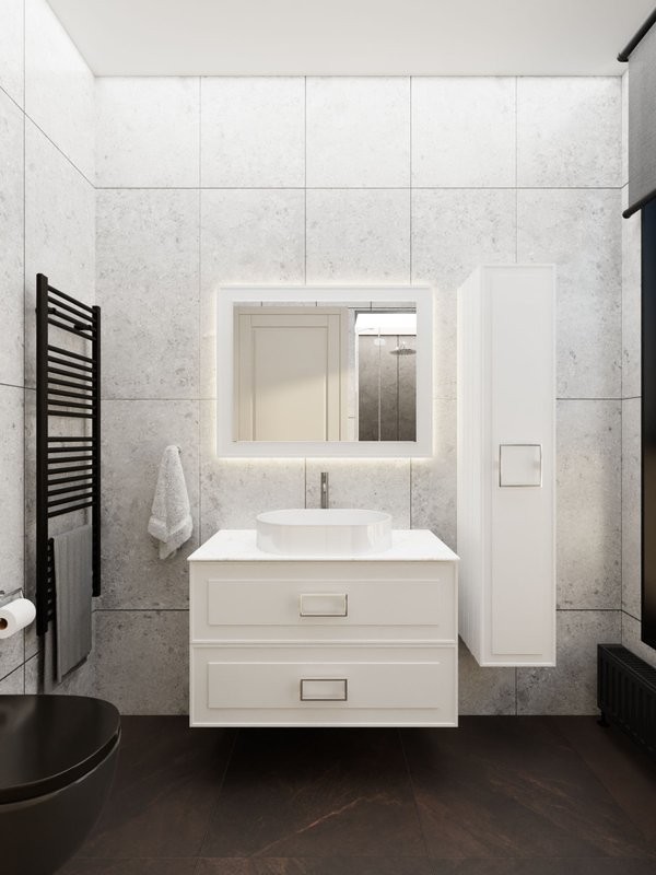 Тумба под раковину со столешницей La Fenice Cubo Twin 100 подвесная, белая, столешница белый мрамор, ручка черная