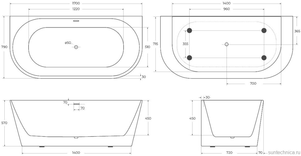 Акриловая ванна BelBagno BB710-1700-800 170x80 см, пристенная, белая, овальная, со сливом-переливом, с донным клапаном