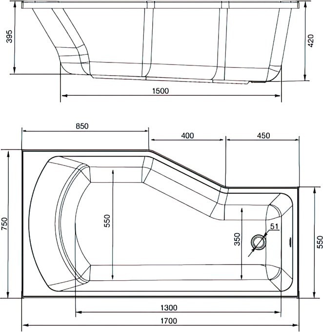 Акриловая ванна Marka One Convey R 170x75 см, правая, пристенная, белая, асимметричная, на ножках