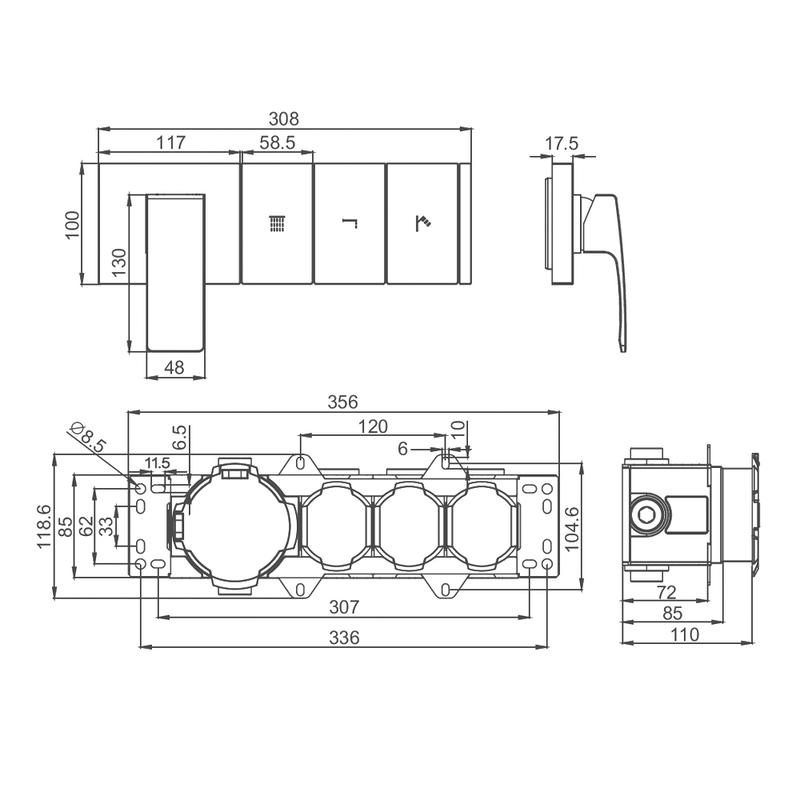 Встраиваемый смеситель для душа и ванны Raglo R02.273 С ВНУТРЕННЕЙ ЧАСТЬЮ, хром